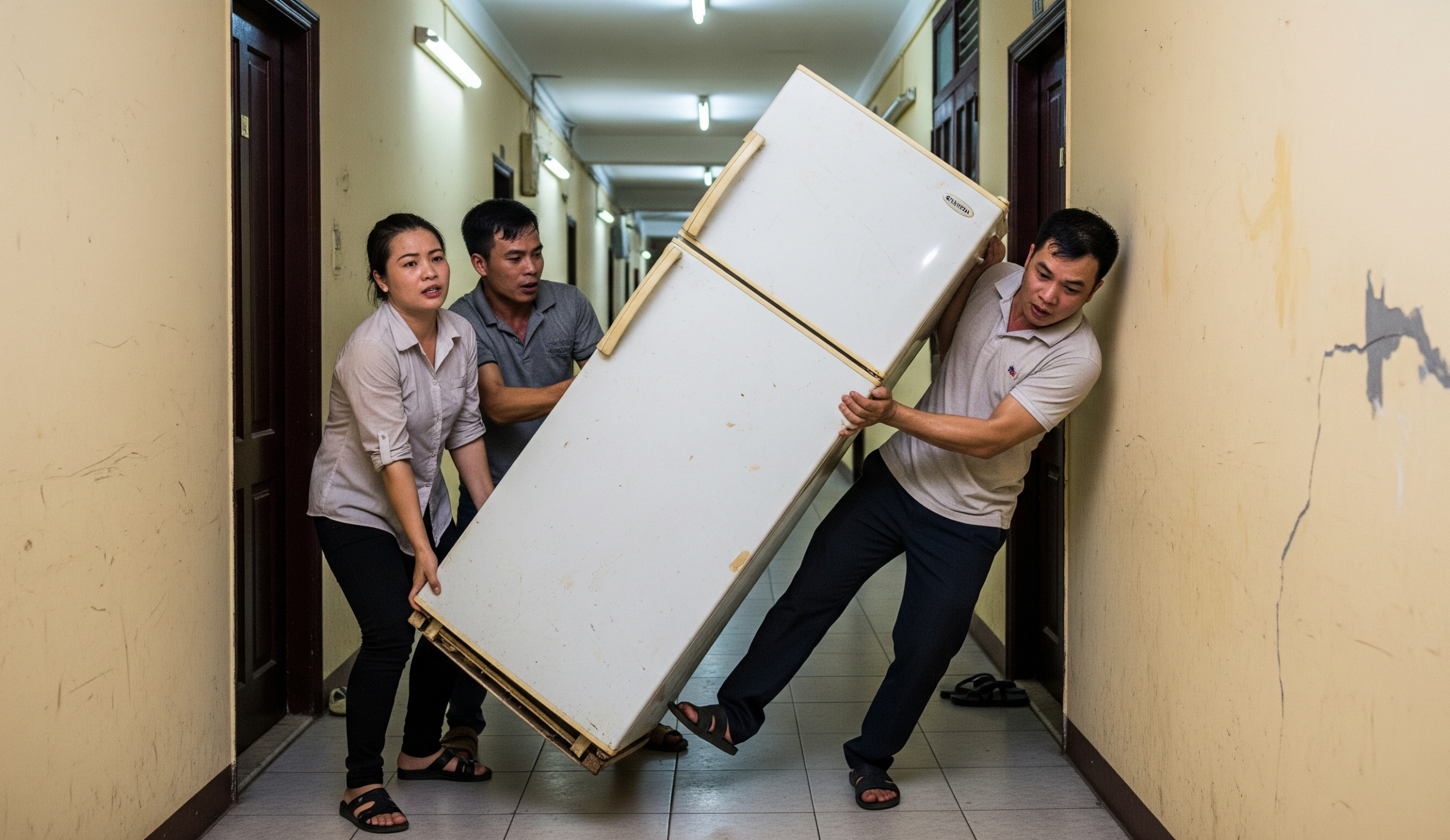 Khó khăn khi chuyển nhà chung cư – bê tủ lạnh nặng không có dụng cụ hỗ trợ