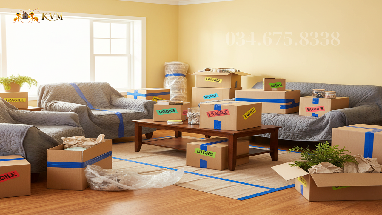 Đồ đạc được đóng gói, bao bọc cẩn thận